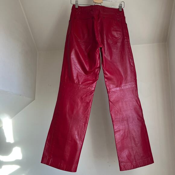 Vintage Straight Leg Red Leather Pants‎ Biker Moto Maximalist Unique Size 27 - Picture 8 of 10
